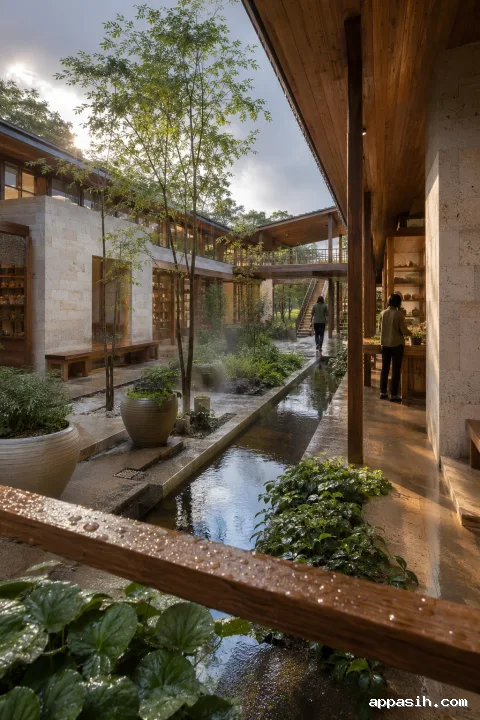Elevated three-quarter portrait view of the Rainvault Community Seed Conservatory after rain, showing pale masonry galleries, timber canopies, reflective courtyard water, botanical planting, and two anonymous visitors in late-afternoon light.