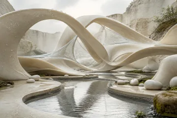 Abstract landscape of ivory porcelain ribbons suspended above shallow reflective mineral basins with translucent membranes, rain-darkened stone, mist, and soft silver light.