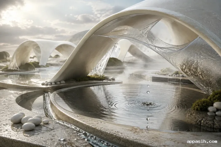Elevated three-quarter view of an abstract rain-inspired garden with sweeping ivory porcelain ribbons, translucent membranes, reflective mineral basins, falling droplets, mist, and restrained late-afternoon highlights.