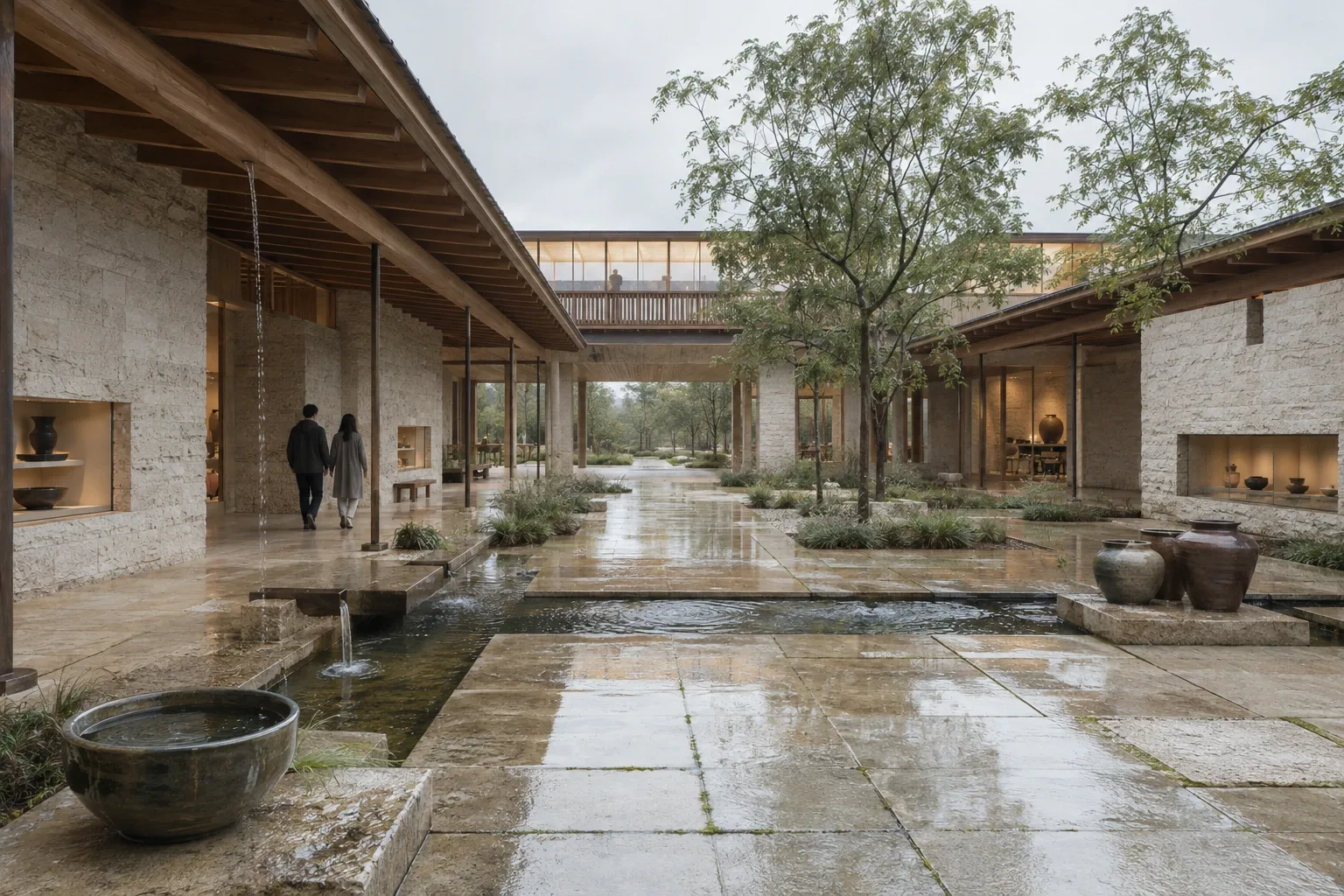 Landscape view of a contemporary community water archive pavilion surrounding a rain-cooled courtyard with pale masonry, timber galleries, reflective channels, native planting, and two anonymous visitors.