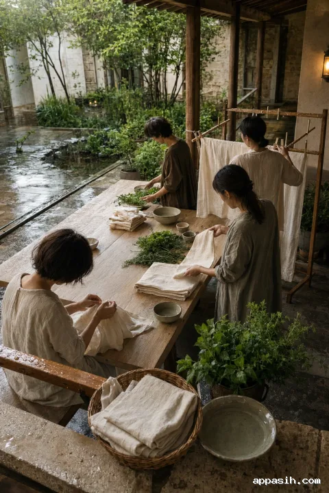 Elevated three-quarter view of four anonymous neighbors caring for cream household linens around a timber table in a wet sheltered courtyard after rain.