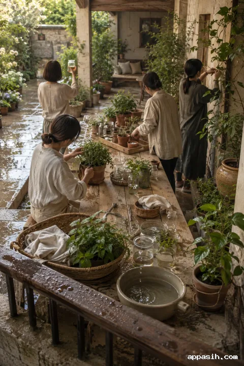 Elevated three-quarter view of four anonymous neighbors tending herbs, propagation jars, and small potted window-garden plants around a timber table in a rainwashed sheltered courtyard.