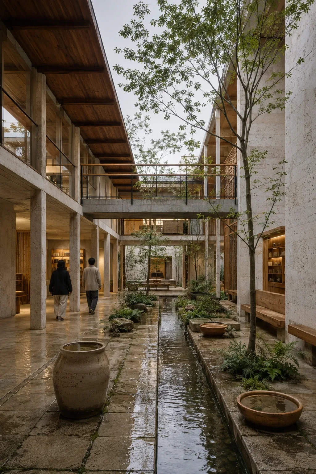 Portrait view of a contemporary civic archive pavilion with pale masonry, timber galleries, rain-darkened courtyard paving, reflective water channels, native planting, and two anonymous visitors.