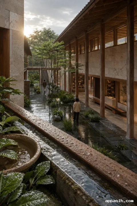 Elevated portrait view across the same rain-fed civic archive courtyard, showing pale masonry wings, timber galleries, wet limestone, reflective water channels, native planting, and two anonymous visitors under soft late-afternoon light.