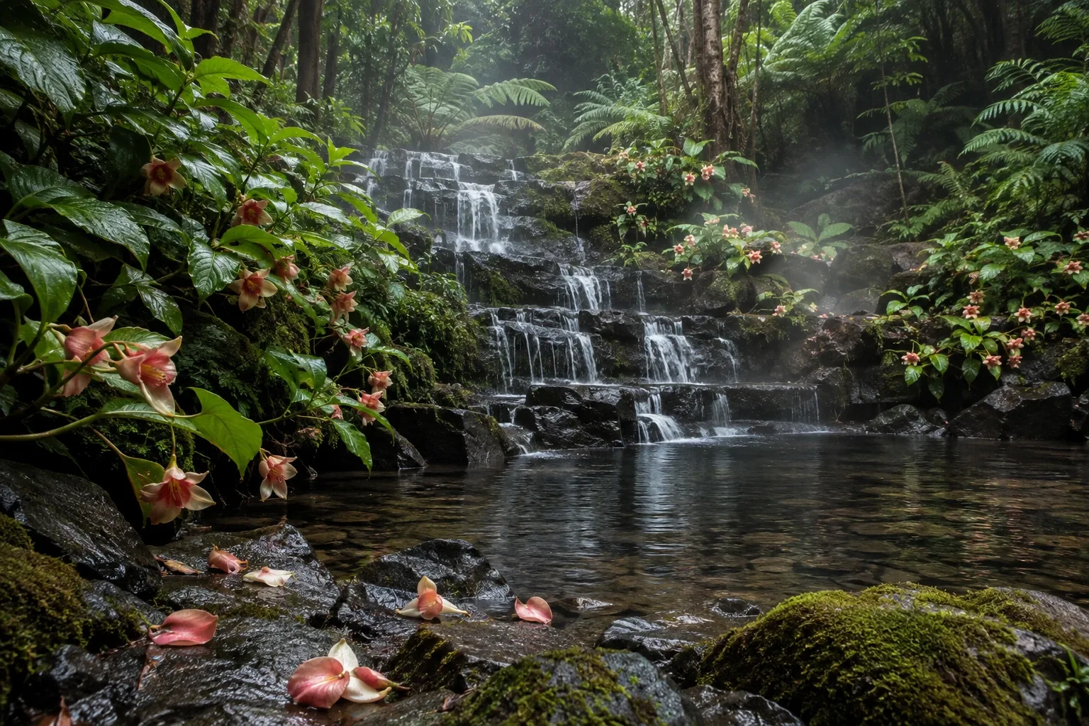 Rain-fed tropical forest cascade flowing over mossy basalt into a reflective pool surrounded by blooming wild ginger and rain-glossed foliage.