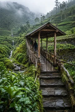 Rain-washed covered timber footbridge crossing a misty ravine between lush highland tea terraces with two anonymous travelers walking away.