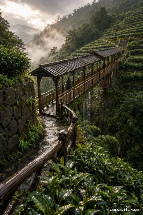 Elevated view of a rain-washed covered timber footbridge crossing a mist-filled ravine between terraced tea ridges as two anonymous travelers continue across in soft late-morning light.