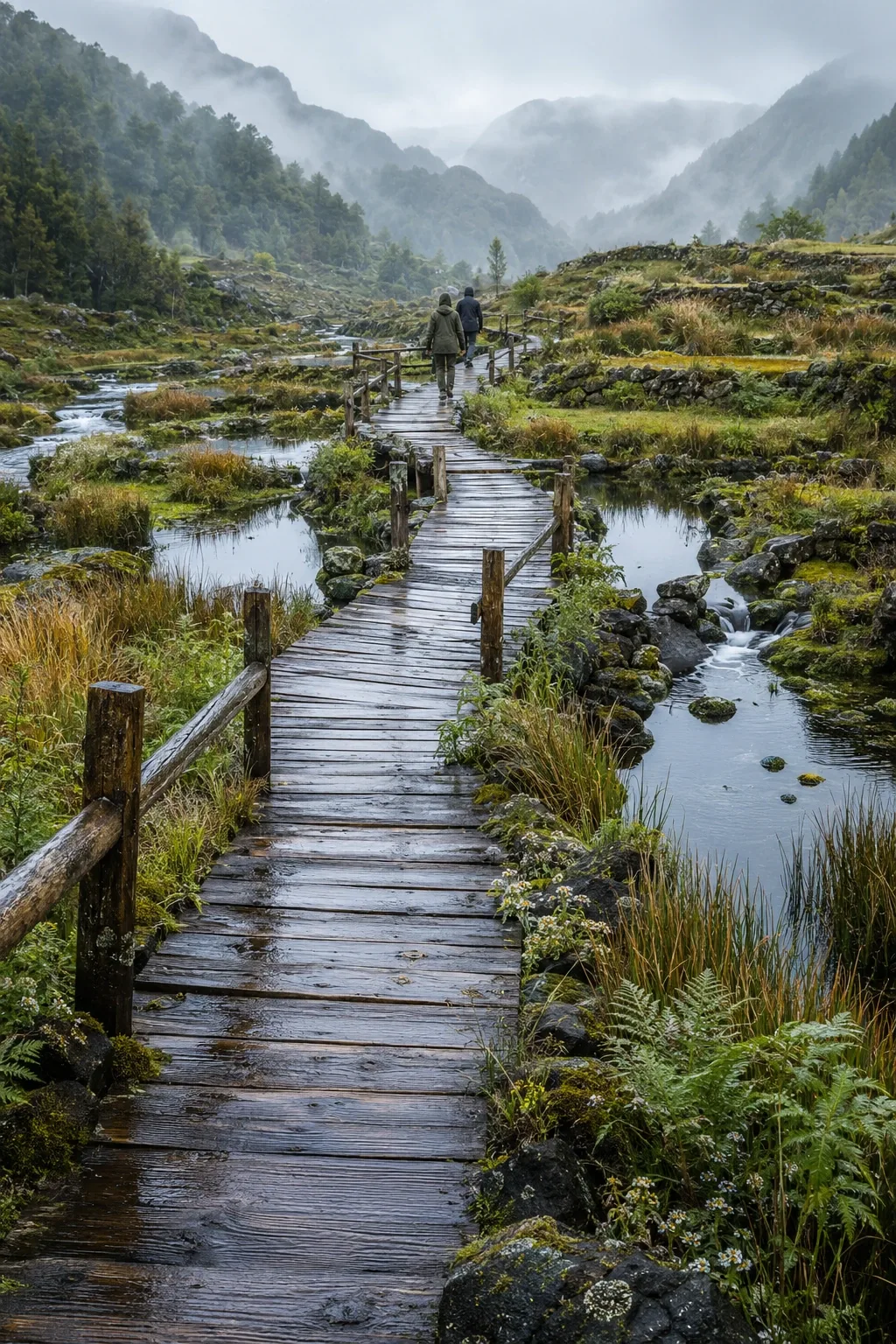 Rainy highland timber boardwalk winding through reed terraces and reflective mountain wetlands with two travelers walking into pale mist.