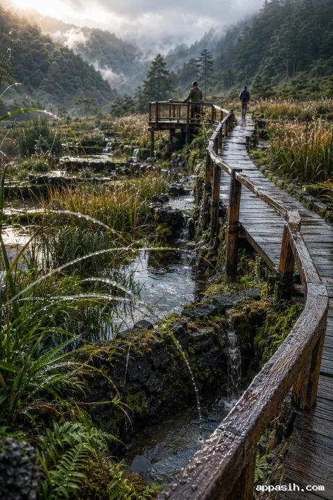 Elevated view of a rain-wet timber boardwalk crossing layered highland reed wetlands, reflective pools, mossy terraces, and misty mountain ridges with two distant travelers.