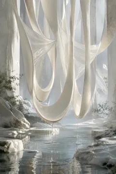 Vertical abstract chamber with suspended ivory porcelain ribbons, translucent mineral membranes, falling silver droplets, and a shallow reflective basin.