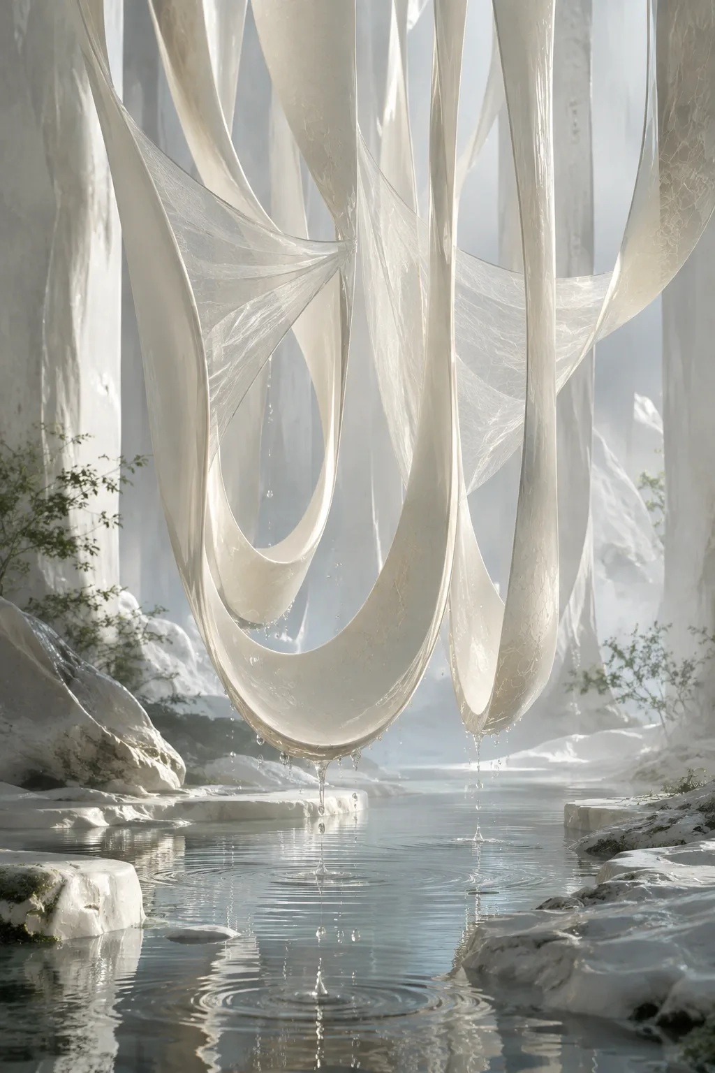 Vertical abstract chamber with suspended ivory porcelain ribbons, translucent mineral membranes, falling silver droplets, and a shallow reflective basin.