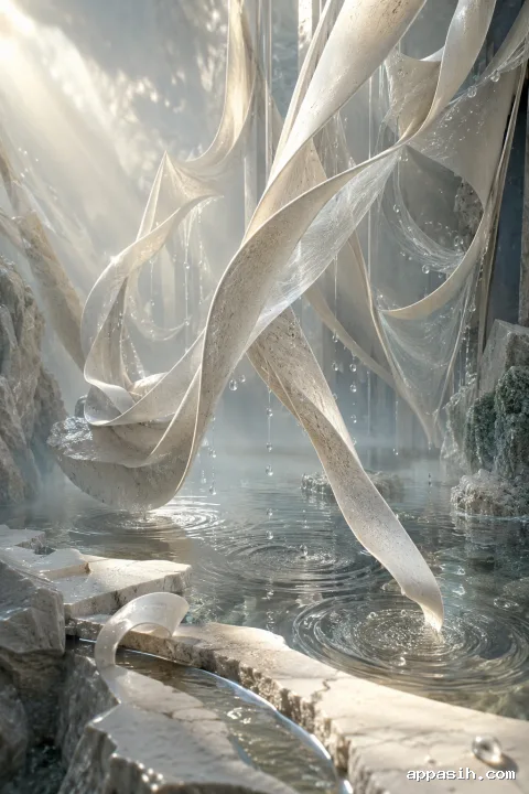 Elevated three-quarter view of suspended ivory porcelain ribbons and translucent mineral membranes above a reflective basin with falling droplets, overlapping ripples, silver mist, and soft champagne highlights.