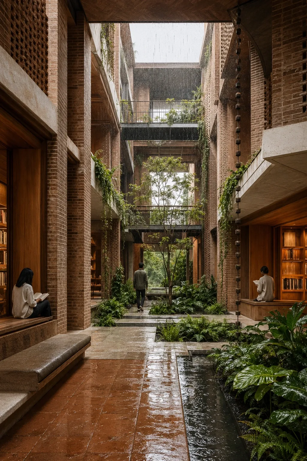 Portrait view of a contemporary brick civic reading cloister surrounding a rain garden lightwell with layered galleries, reflective water channels, planted terraces, and anonymous visitors.