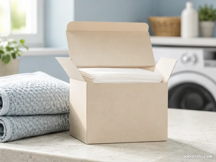 Luxury blank recyclable detergent sheet box with neatly stacked white sheets, organic cotton towel, ceramic tray, and soft blue morning light.