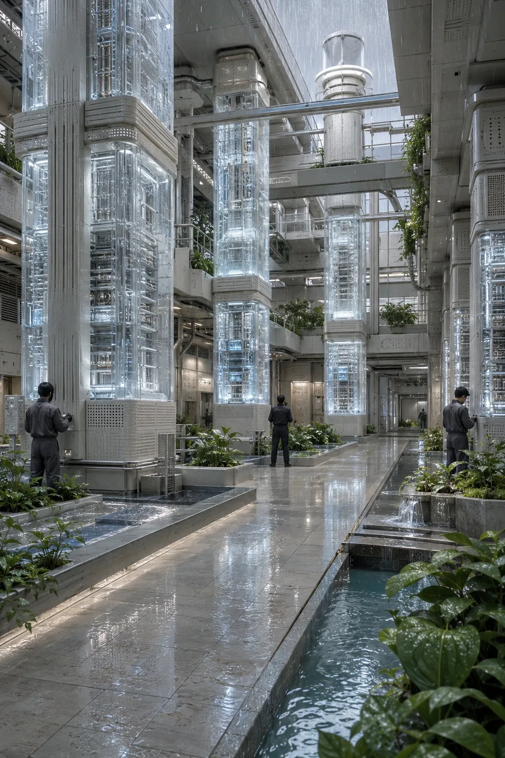 Portrait view of a futuristic photonic computing atrium with translucent processor columns, ceramic cooling channels, rainwater basins, planted edges, and anonymous technicians.