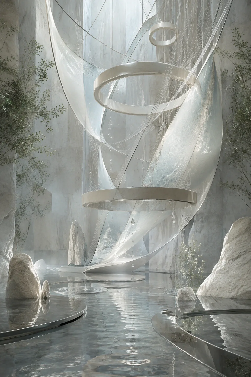 Portrait abstract mineral chamber with suspended opaline filaments, floating ceramic rings, translucent sails, silver droplets, and a reflective shallow water plane.