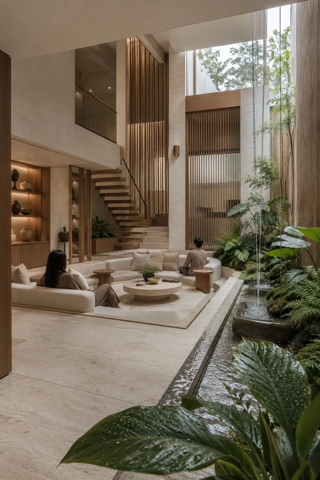 Portrait view of a serene contemporary sunken conversation lounge beside an indoor rain garden with curved ivory seating, warm timber details, translucent glass partitions, pale stone flooring, and lush wet greenery.