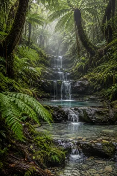 Mist-covered mountain rainforest grotto with giant tree ferns, mossy basalt shelves, clear cascading water, wet foliage, and shallow translucent pools.