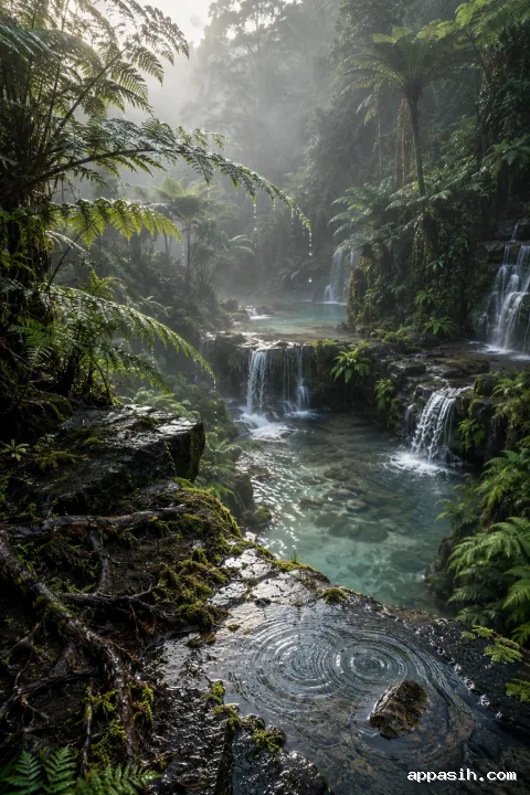 Elevated view into a misty tree fern grotto with layered mossy basalt terraces, delicate waterfalls, translucent forest pools, wet roots, droplets, and soft late-morning highlights.