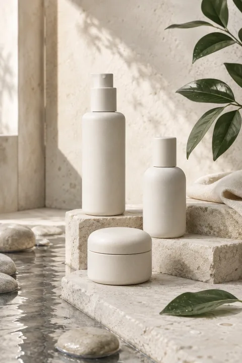Three blank matte ceramic skincare containers displayed on pale limestone beside a reflective water channel with green leaves and soft morning light.