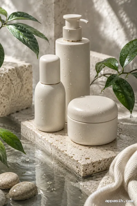 Three blank ivory ceramic skincare vessels viewed from an elevated angle on wet limestone with droplets, botanical leaves, a reflective water groove, and subtle champagne highlights.