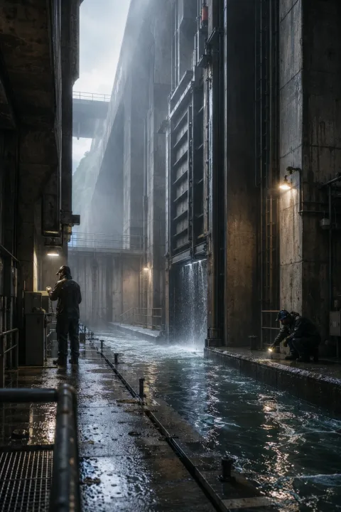 Two anonymous technicians inspect a rain-soaked floodgate maintenance passage beneath massive concrete infrastructure as mist and reflective water create a cinematic atmosphere.
