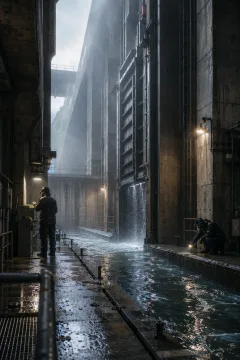 Two anonymous technicians inspect a rain-soaked floodgate maintenance passage beneath massive concrete infrastructure as mist and reflective water create a cinematic atmosphere.