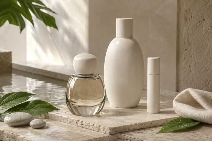 Three unbranded fragrance vessels displayed on pale limestone beside reflective water, wet botanical leaves, and ivory textile in a serene mineral studio.