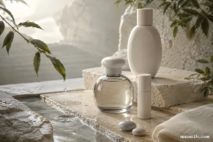 Elevated three-quarter view of three blank fragrance vessels on layered limestone with dew-covered foliage, reflective water, ivory textile, and soft champagne highlights in a pale mineral studio.