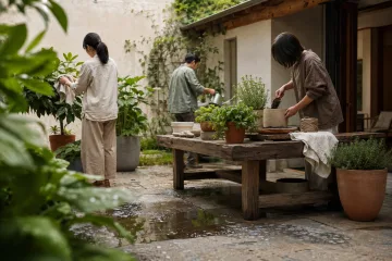 Three anonymous adults quietly caring for herbs and leafy potted plants around a timber table in a serene rain-washed residential courtyard.