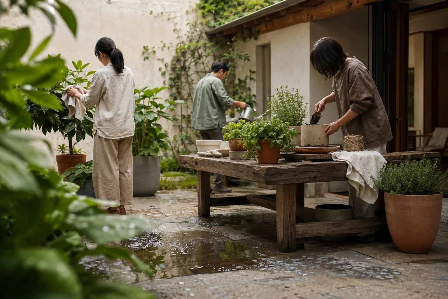 Three anonymous adults quietly caring for herbs and leafy potted plants around a timber table in a serene rain-washed residential courtyard.
