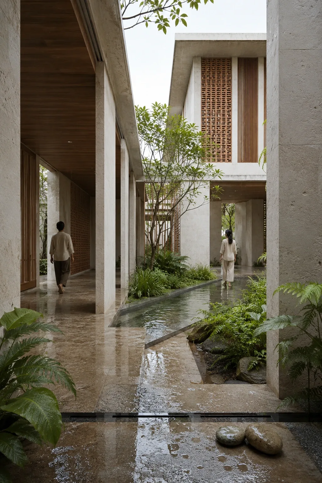Portrait view of a rain-washed passive cooling garden pavilion with pale mineral walls, timber screens, terracotta ventilation blocks, reflective water channels, lush planting, and two anonymous visitors.