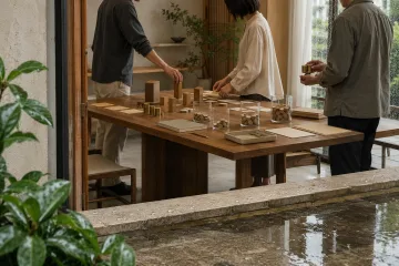 Three anonymous business professionals organize unmarked financial planning objects around a warm timber table in a serene rain-washed studio.