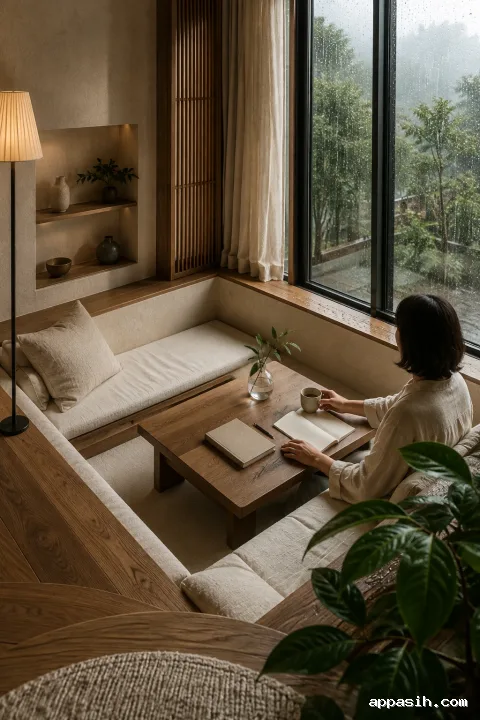 Elevated portrait view of the same rain-washed sunken timber reading lounge with ivory seating, natural decor, layered greenery, and an anonymous reader reaching toward a ceramic cup.