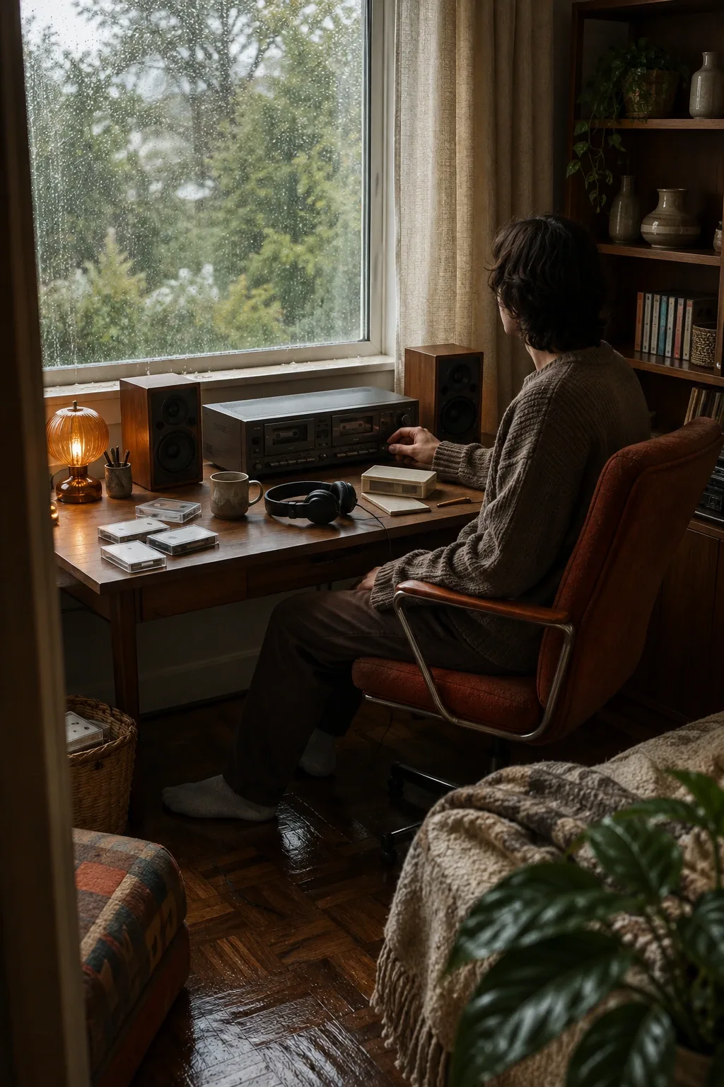 Portrait retro interior with an anonymous adult beside an unbranded cassette recording deck in a warm late-1980s-inspired room overlooking rain-streaked windows.