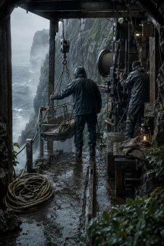 Two anonymous rescue operators prepare a suspended emergency cradle and mechanical winch at a rain-soaked cliffside station above a misty coastal gorge.
