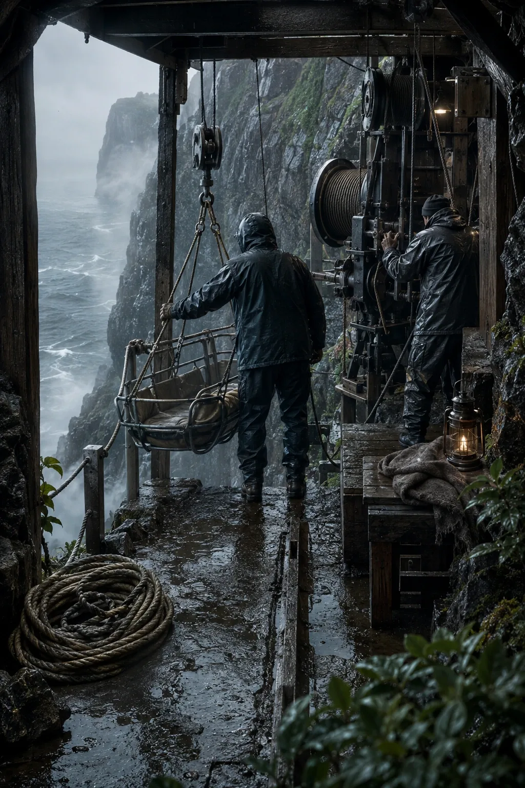 Two anonymous rescue operators prepare a suspended emergency cradle and mechanical winch at a rain-soaked cliffside station above a misty coastal gorge.