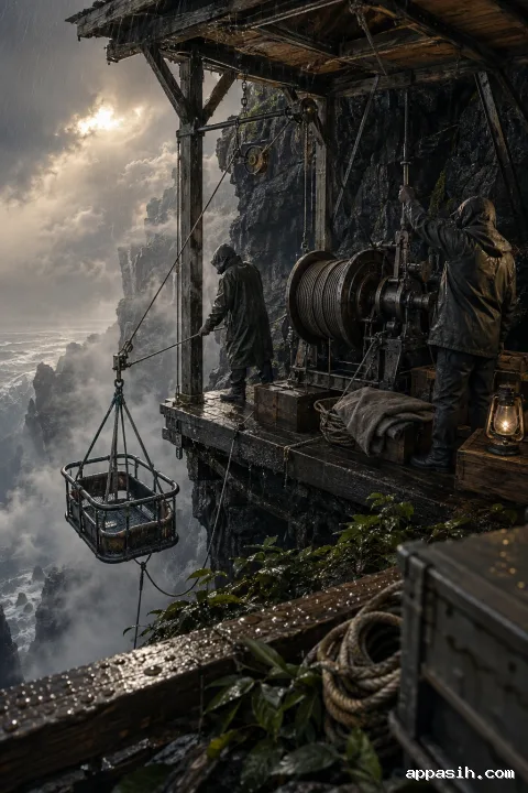 Elevated cinematic view of two anonymous rescue operators guiding a suspended emergency cradle beside a mechanical winch on a rain-soaked cliff platform above a luminous fog-filled coastal gorge.