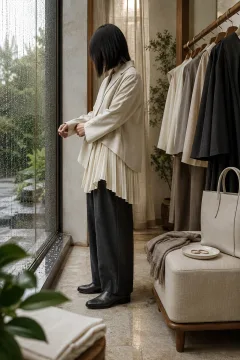 Anonymous fashion model in layered neutral pleated tailoring standing inside a serene rain-washed contemporary atelier with timber garment rail and unbranded accessories.