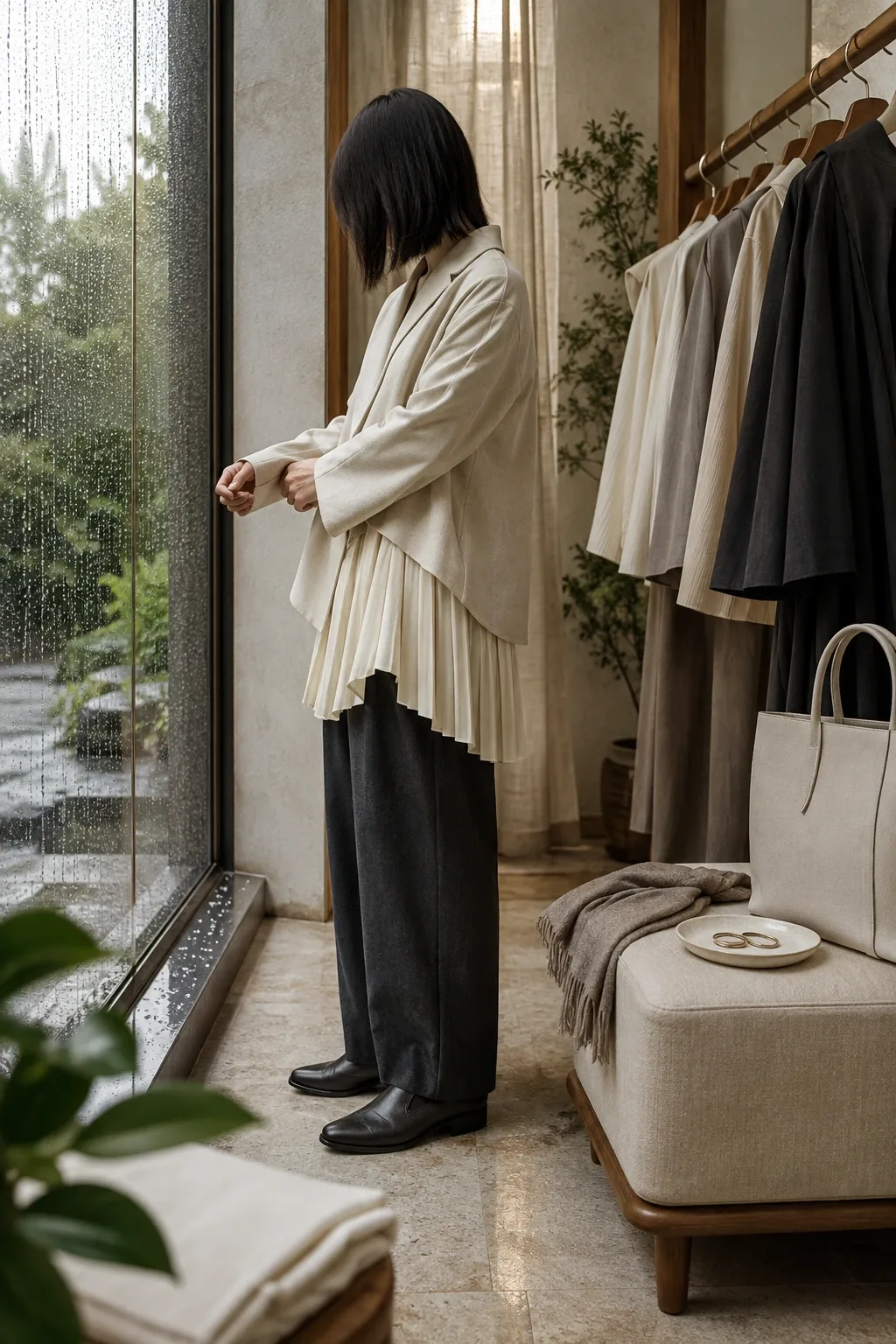 Anonymous fashion model in layered neutral pleated tailoring standing inside a serene rain-washed contemporary atelier with timber garment rail and unbranded accessories.
