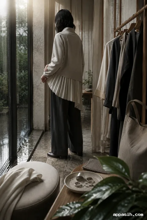 Elevated three-quarter view of an anonymous fashion model adjusting layered pale-clay and ivory tailoring inside a rain-washed contemporary atelier with unbranded garments and refined neutral styling.