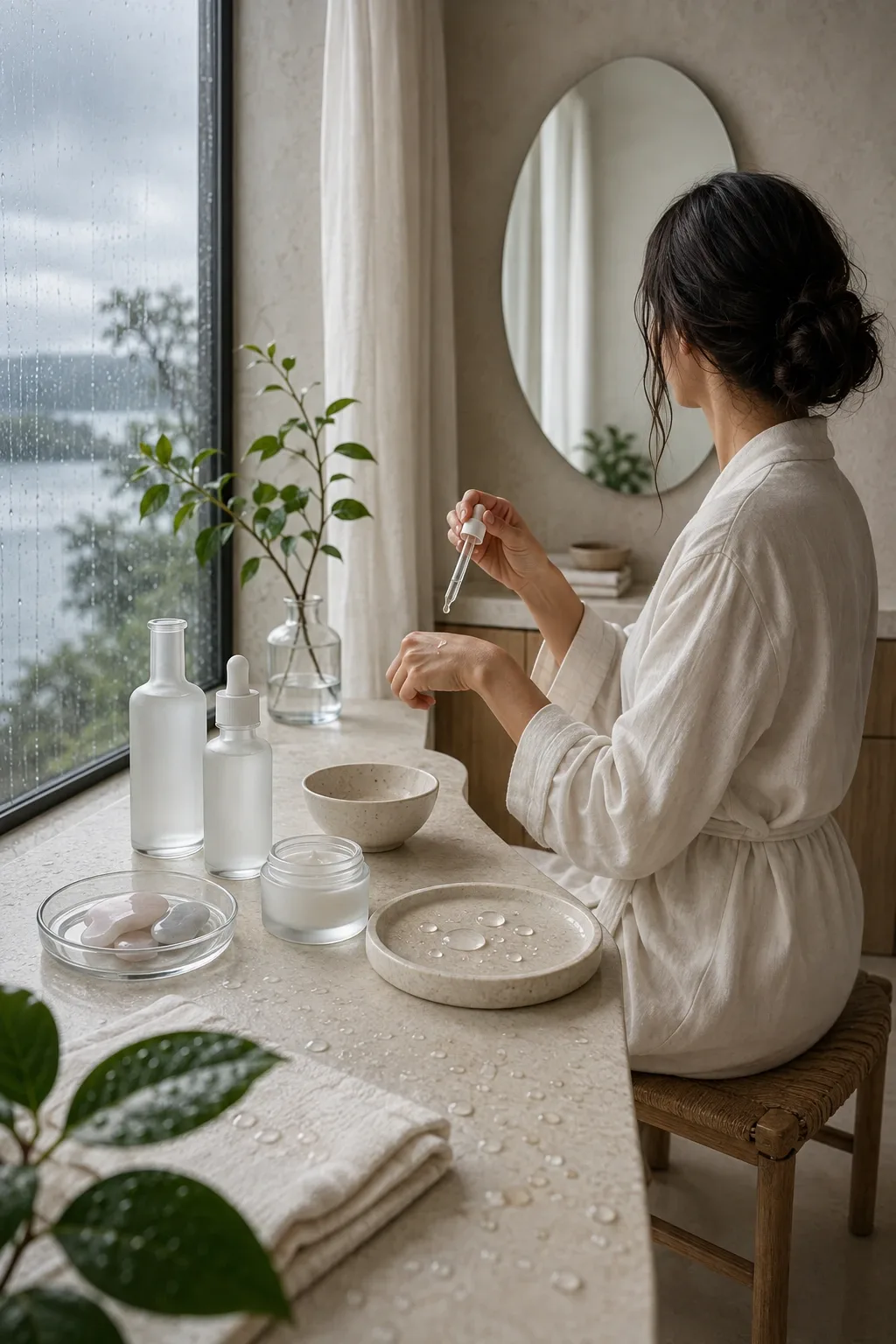 Serene rain-washed skincare vanity with unbranded frosted serum bottles, translucent cream jar, botanical leaves, mineral surfaces, and an anonymous model applying a serum drop.