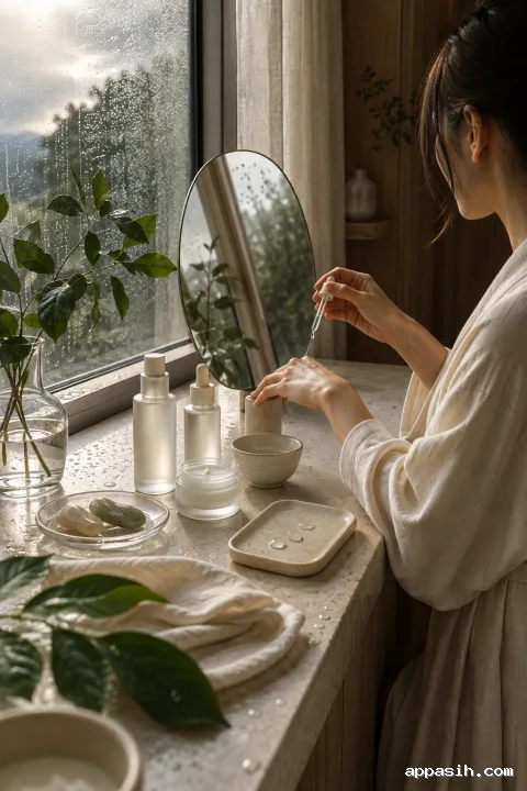 Elevated three-quarter view of a rain-washed botanical skincare vanity where an anonymous model applies a clear serum droplet beside unbranded frosted bottles, mineral surfaces, and soft greenery.