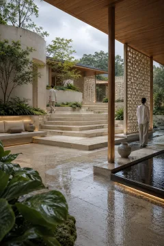 Rain-washed contemporary terraced courtyard pavilion with pale stone platforms, ceramic lattice screens, warm timber roofs, reflective water, greenery, and two anonymous visitors.