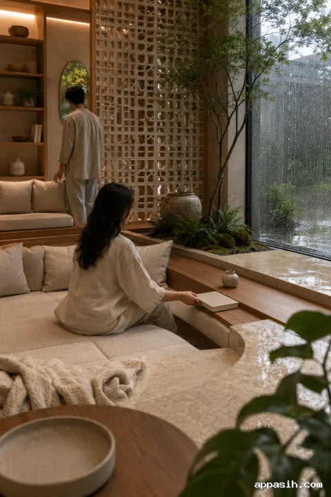 Elevated three-quarter view of a rain-washed contemporary sunken reading lounge with limestone steps, linen seating, timber ledges, ceramic lattice screens, greenery, and two anonymous occupants.