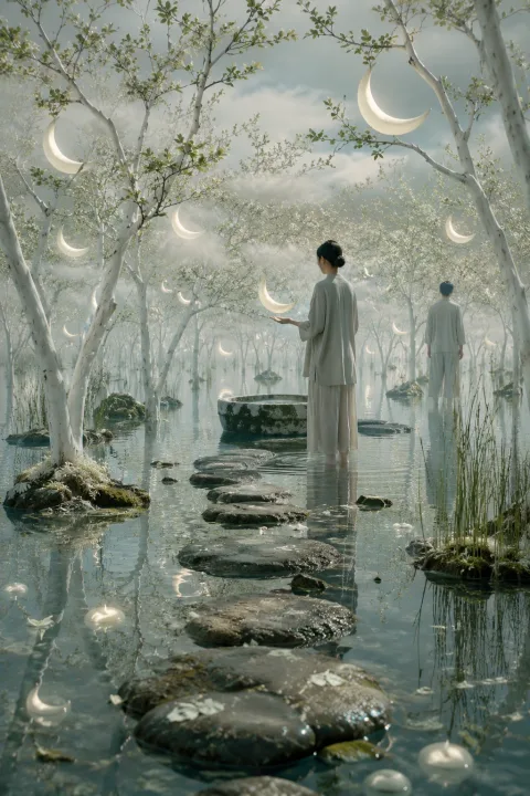 Dreamlike porcelain orchard rising from reflective shallow water with glowing crescent-shaped fruit, mist, stepping stones, and two anonymous visitors.