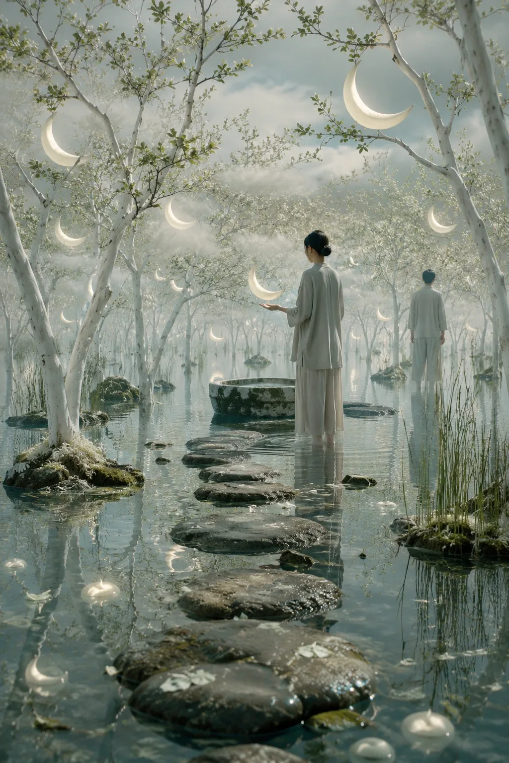 Dreamlike porcelain orchard rising from reflective shallow water with glowing crescent-shaped fruit, mist, stepping stones, and two anonymous visitors.