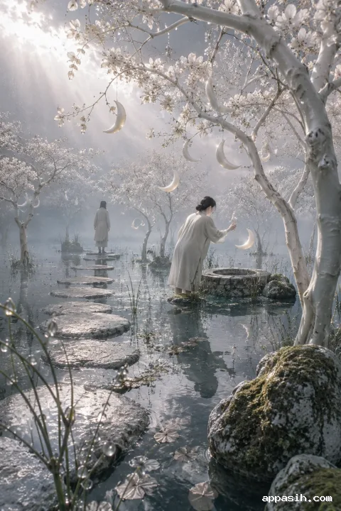 Elevated dreamlike view through a rain-washed porcelain orchard with hovering luminous crescent fruit, reflective water, mist, a submerged stone basin, and two anonymous visitors.