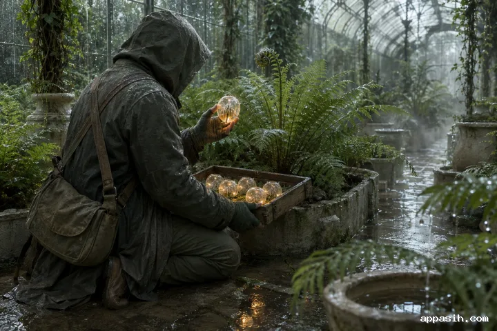 Original botanical courier kneeling in a rain-washed glasshouse while inspecting an amber-glowing seed capsule beside lush ferns.