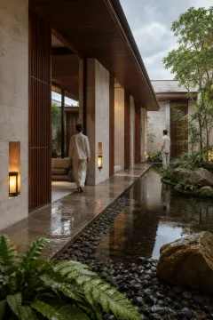 Rain-washed contemporary tropical courtyard pavilion with pale limestone walls, warm timber screens, reflecting water, ferns, and two anonymous visitors.